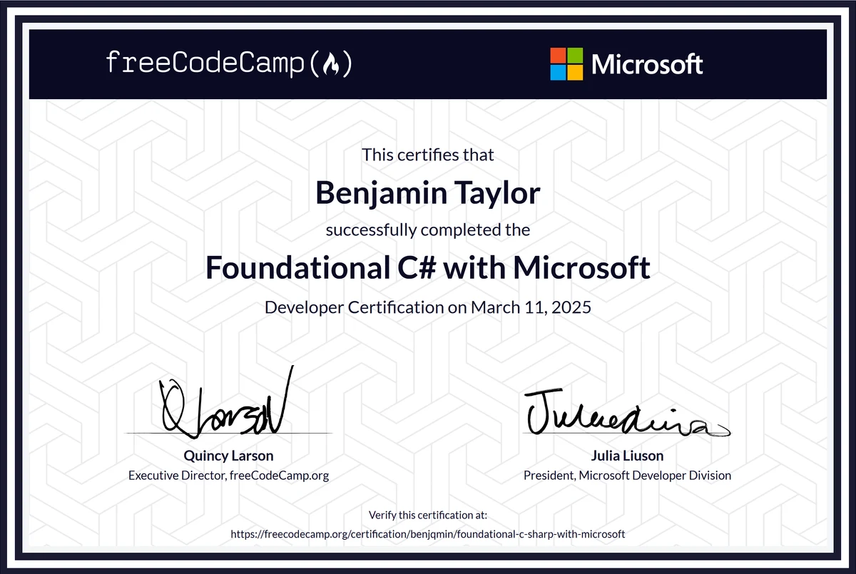 Foundational C# with Microsoft certificate.