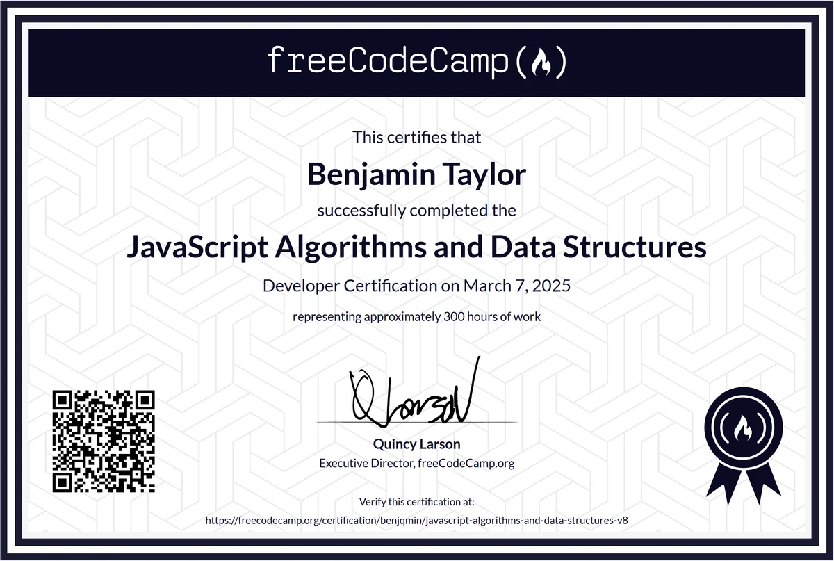 JavaScript Algorithms and Data Structures certificate.