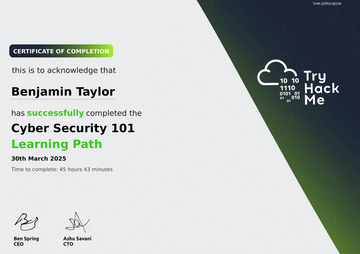Cyber Security 101 certificate.