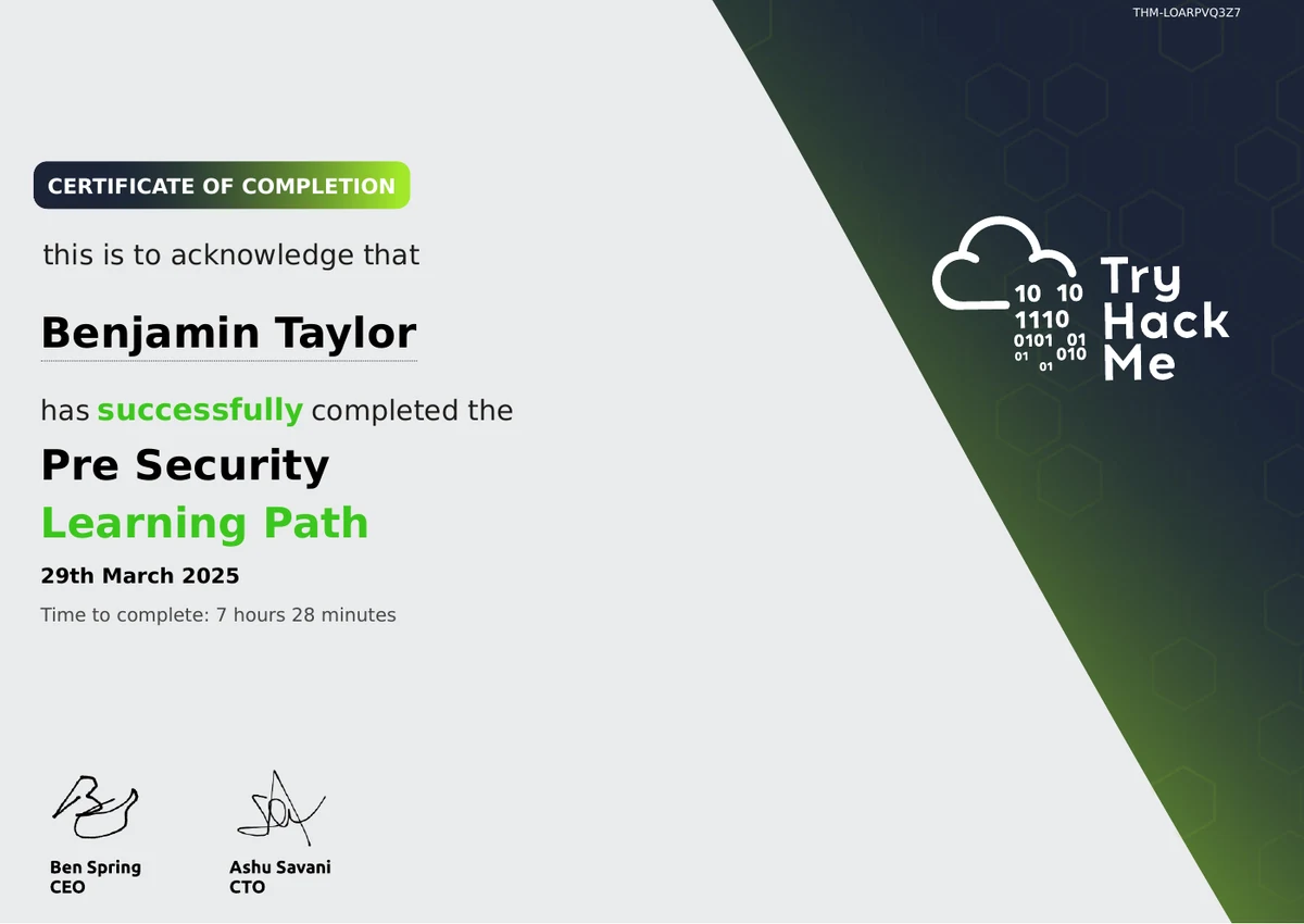 Pre Security certificate.